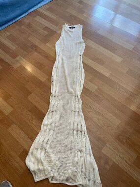 Hera Collection white long dress, bodycon, sleeveless, lace, knit, beach cover